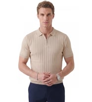 DeepSEA Erkek Bej Polo Yaka Fermuarlı Çizgi Dokulu Regular Fit Likralı Triko Tişört 2608008