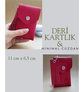 Hakiki Deri Kırmızı Minimal Avuçiçi Tasarım Kadın Kartlık Cüzdan drc14