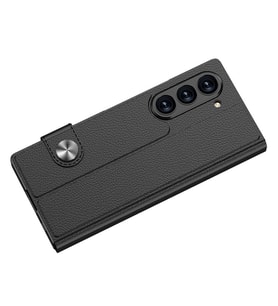 Galaxy Z Fold 6 Kılıf Suni Deri Tasarımlı Magnetik Tokalı ve Kartlıklı Kıpta Zegna Kılıf (Siyah)