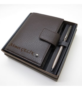Scrikss Hakiki Deri 15x11 Organizer Flötr Kahve + Touch Kalem  İsme Özel (Karışık)