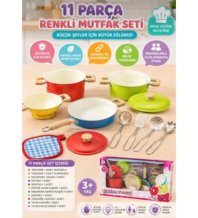 11 Parça Renkli Oyuncak Mutfak Seti Tencere Tava Süzgeç ve Servis Aparatları Çocuk Evcilik Oyunu