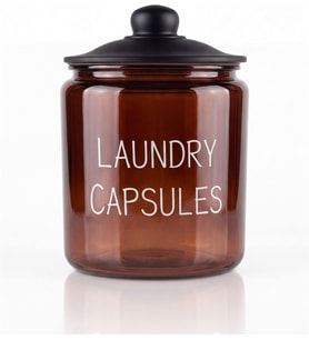 Laundry Capsules Yazılı 3900 ml Amber Cam Kapsül Kavanozu, Siyah Kapaklı Çamaşır Odası Organizeri