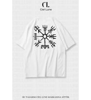 Unisex Kadın Erkek Viking Pusula Vegvisir Baskılı Özel Tasarım Oversize T-shirt (Beyaz)
