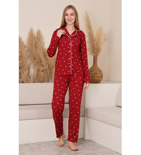 Kadın %100 Pamuk Milan Soft Pijama Takımı-Pat Yakalı-Boydan Düğmeli-Desenli-12422 ENİSENA (Bordo)