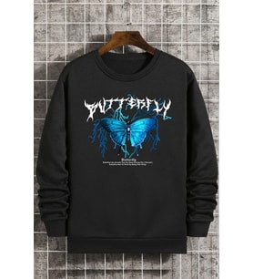 Unisex Blue Butterfly Bisiklet Yaka Sweatshirt (Siyah)