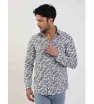 Lacivert Erkek Slim Fit Yaprak Desenli Brent Yaka Uzun Kol Gömlek