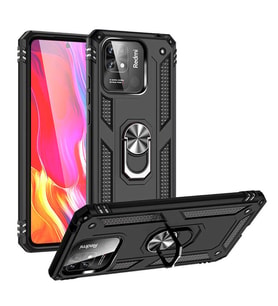 Xiaomi Redmi 10C Uyumlu Kılıf Standlı Manyetik Yüzüklü Military Magnetic Ring Polycarbonate and TPU Case (Siyah)