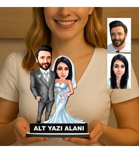 Kişiye Özel 2 Kişilik Gelin Damat Düğün Konseptli Sevgili Karikatürlü 18 cm MDF Masaüstü Biblo - Sevgiliye ve Eşe Hediye Çiftlere Özel Hediye