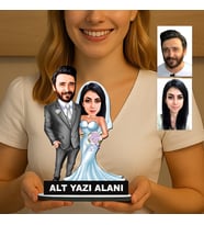 Kişiye Özel 2 Kişilik Gelin Damat Düğün Konseptli Sevgili Karikatürlü 18 cm MDF Masaüstü Biblo - Sevgiliye ve Eşe Hediye Çiftlere Özel Hediye