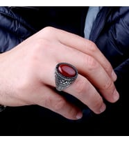 925 Ayar Gümüş Akik Taşlı Desen Motifli Erkek Yüzük