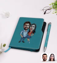 BK Gift Kişiye Özel Sevgililer Karikatürlü Turkuaz Termo Deri Defter Kalem Seti-105