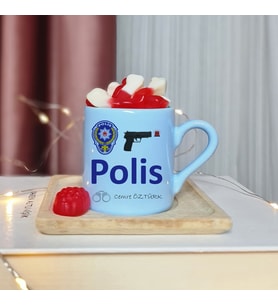 Polis Tasarımlı Kişiye Özel Mavi Türk Kahvesi Fincan