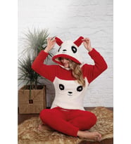 Panda Model Kapüşonlu Polar Kadın Pijama Takımı (Kırmızı)