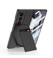 Samsung Galaxy Z Fold 6 Kılıf Karbon Fiber Kartlıklı Kıpta Dik Açılan Kartlıklı (Siyah)