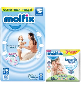 Molfix Bebek Bezi Beden:6 (15+Kg) Extra Large 62 Adet Ultra Fırsat Pk+3 Adet Islak Mendil