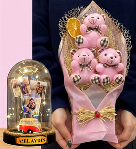 Size Özel 3 Fotoğraflı İsimli Led Işıklı Fanus ve Büyük Boy Pembe Ayıcık Buketi (Model 6)