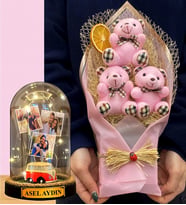 Size Özel 3 Fotoğraflı İsimli Led Işıklı Fanus ve Büyük Boy Pembe Ayıcık Buketi (Model 6)