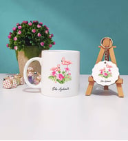 Flamingo Tasarımlı Kişiye Özel Flamingo Kupa Bardak ve Ahşap Anahtarlık Hediye Seti