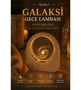 Galaksi Desenli Işıklı Gece Lambası Ahşap Tabanlı USB Bağlantılı Dekoratif Masa Lambası Uzay Temalı Hediyelik Aydınlatma