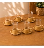 12 Parça Çay Seti - Bambu Bardak Altığı - Çift Cidarlı Cam - 150 ml