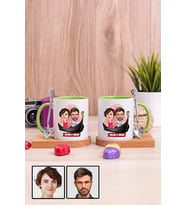 Çiftlere Özel Hediye Tek Taş Yüzük Temalı Karikatürlü İkili Ahşap Altlıklı Yeşil Kupa Bardak