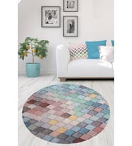 Geometrik Karo Desenli Dijital Baskı Yıkanabilir Kaymaz Taban Modern Yuvarlak Salon Halısı (Çok Renkli)