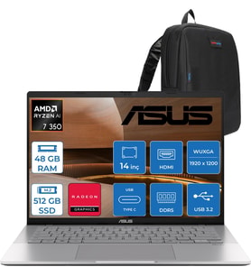Asus Vivobook S14 M3407KA Ryzen™ Aı 7 350 48GB Ddr5 512GB SSD Amd Radeon™ Graphics 14.0-Inch, Wuxga (1920 x 1200) OLED 0.2ms 300NITS Freedos Taşınabilir Bilgisayar WSF075F17+ZETTAÇANTA