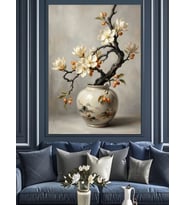 Çin Vazosu İçinde Çiçek Açan Dal Dekoratif Kanvas - Mdf Ahşap Tablo
