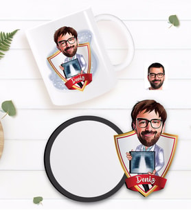 BK Gift Kişiye Özel Erkek Radyolojist Karikatürlü Beyaz Kupa ve Ahşap Bardak Altlığı Hediye Seti-1