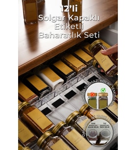12'li Cam Baharatlık Seti, Gold Kapak ve Etiketli, Şık ve Pratik Takım
