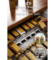 12'li Cam Baharatlık Seti, Gold Kapak ve Etiketli, Şık ve Pratik Takım