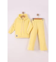 Monox Kız Çocuk Çiçek Baskılı İpli Şeritli Pantolon Fitilli Polar Takım (Sarı)