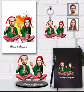 Kişiye Özel Yılbaşı Sevgili Karikatürlü 5 li Hediye Seti Model-5