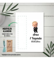 Hediyelik Kart -Patron Bebek Temalı Doğum Günü Hatırası Makrome Anahtalık, Toka, Kurabiye, Kahve Kartı