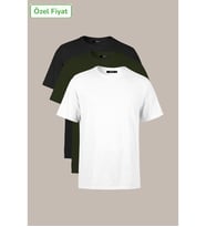 Erkek Çok Renkli T- Shirt Regular Fit Rahat Kesim Bisiklet Yaka 3'lü Basic Tişört Paketi (Haki)