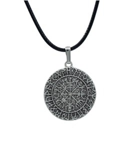 Vegvisir Viking Pusulası Deri ip Kolye - Gümüş Kaplama - Kadın Erkek Kolye - No:1009