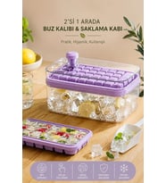 Yeni Nesil Lila Renk Basmalı Çift Buz Kalıbı Buzluk – Kapaklı Saklama Kutulu 28 28 56 Bölmeli 10x20 Cm