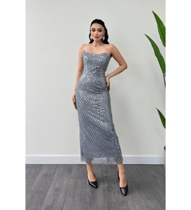 Full Boncuklu Kumaş Straplez Abiye Elbise - GRİ