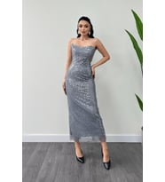 Full Boncuklu Kumaş Straplez Abiye Elbise - GRİ