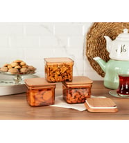 Kaviera Ahşap Kapaklı Saklama Kabı 3'lü - Amber - 500 ml