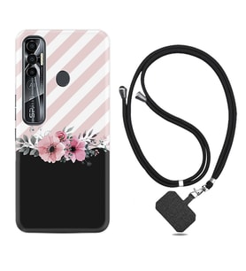 Tecno Spark 6 6 Go 8C 8 Pro 7 7 Pro Kılıf Boyun Askılı Silikon Strip Pink Flowers 1396
