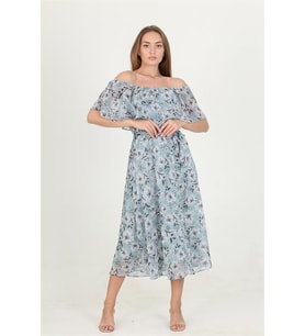 Neşeli butik kadın madonna yaka kuşaklı desenli şifon elbise RY10037 (Mint)