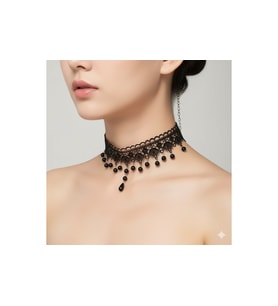 Gotik. Bohem Stil Siyah Dantel kolye.Siyah Kristal detaylı