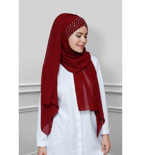 Bordo Pratik Hazır Geçmeli Bone Şal Şifon Kendinden Boneli Taşlı Elişi İşlemeli 1450_16