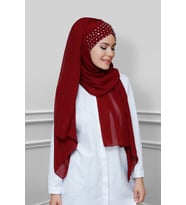Bordo Pratik Hazır Geçmeli Bone Şal Şifon Kendinden Boneli Taşlı Elişi İşlemeli 1450_16