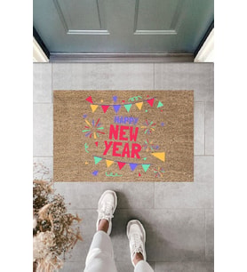Dormot Modern Baskı - Happy New Year 15 - Karşılama Kapı Önü Paspası (Bej)
