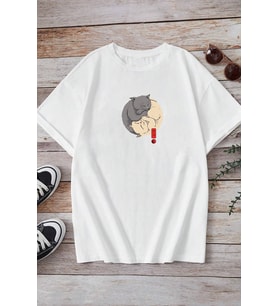Unisex Kedi Baskılı T-shirt (Beyaz)