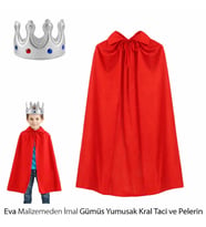 Eva Malzemeden Gümüş Yumuşak Kral Tacı Ve Kırmızı Pelerin Seti
