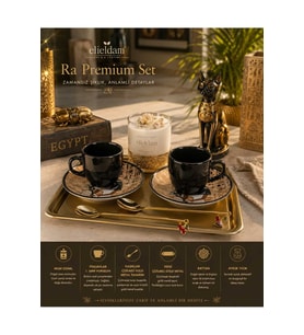 Doğum Günü, Özel Gün, Yeni İş, Yeni Ev Hediyesi Doğal Soya Mum, Mısır Temalı Porselen Fincan, Gold Tepsi ve Rattan Vazo Seti