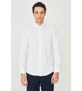 Mavi İnce Çizgili Uzun Kollu Gömlek Slim Fit